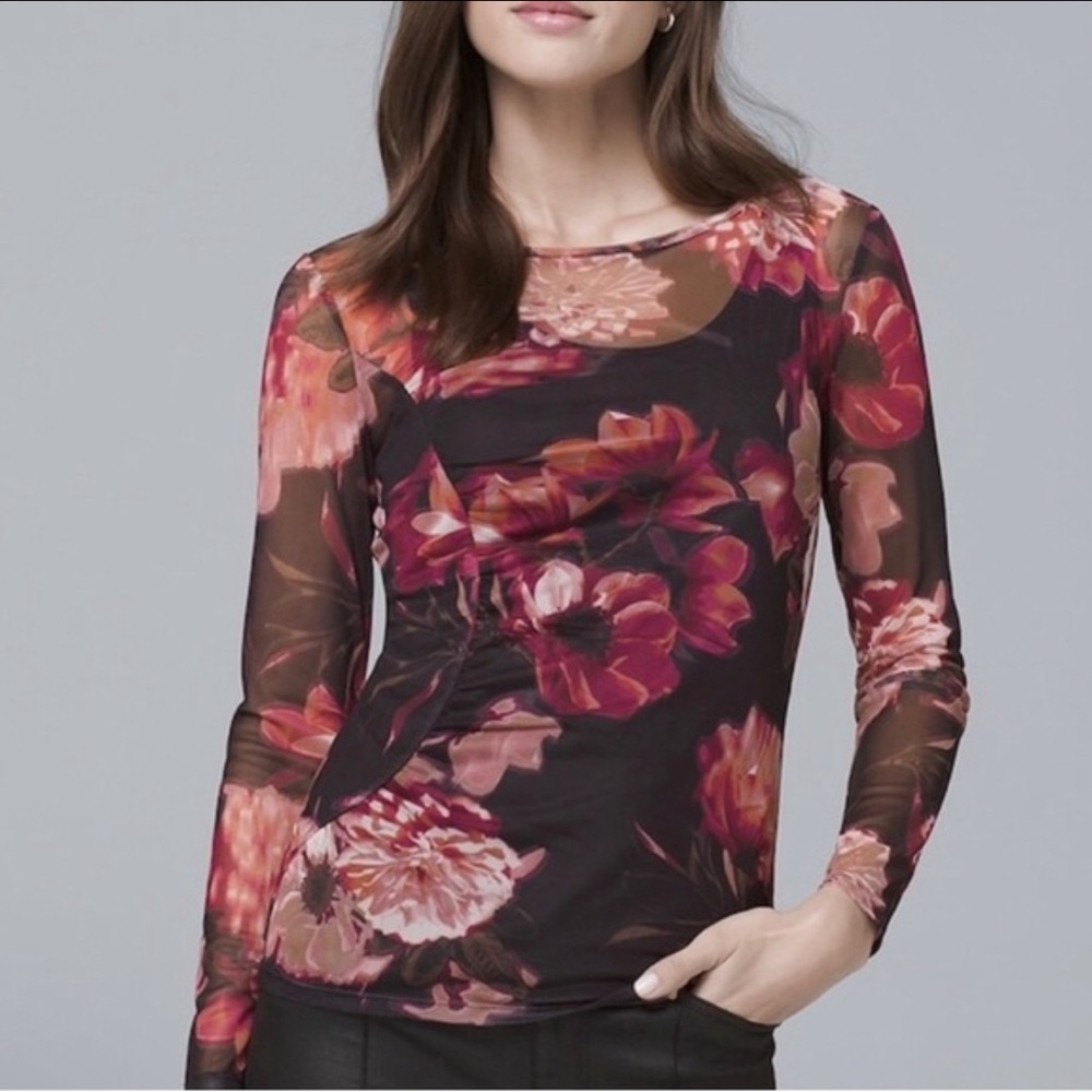 White House Black Market Floral Sheer Mesh Top - Long Sleeve With Camisole - Picture 5 of 5